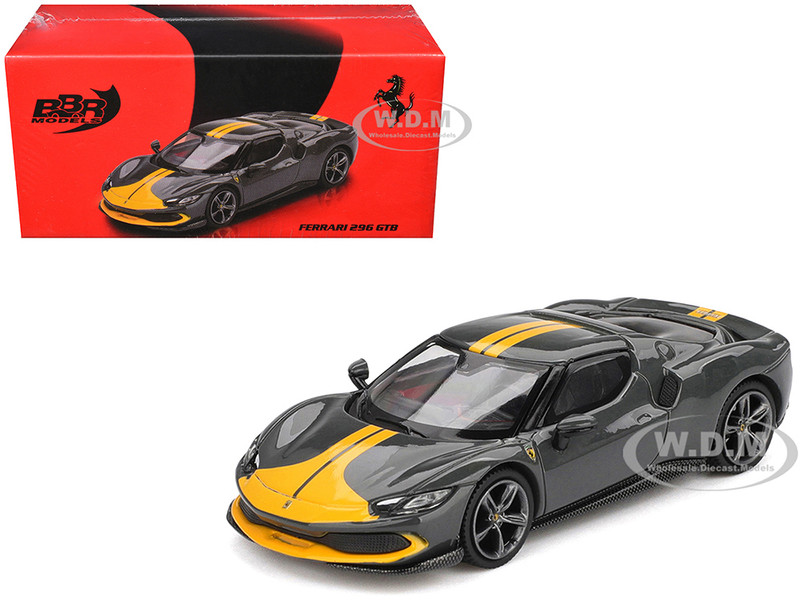 Ferrari 296 GTB Assetto Fiorano Grigio Scuro Dark Gray with Yellow Stripes 1/64 Diecast Model Car BBR BBRFER64007