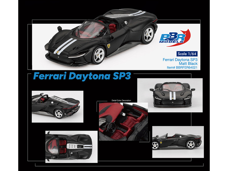 Ferrari Daytona SP3 Matt Black with White Stripes and Red Interior 1/64 Diecast Model Car BBR BBRFER64021