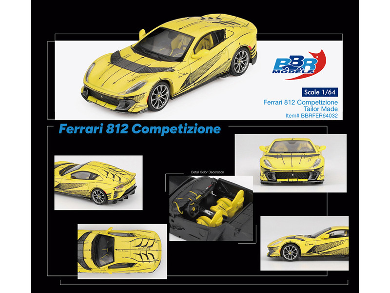 Ferrari 812 Competizione Matt Yellow with Graphics and Yellow Interior Tailor Made 1/64 Diecast Model Car BBR BBRFER64032