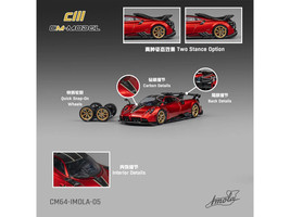 Pagani Imola Red Metallic with Carbon Top and Stripes with Extra Wheels 1/64 Diecast Model Car CM Model CM64-IMOLA-05