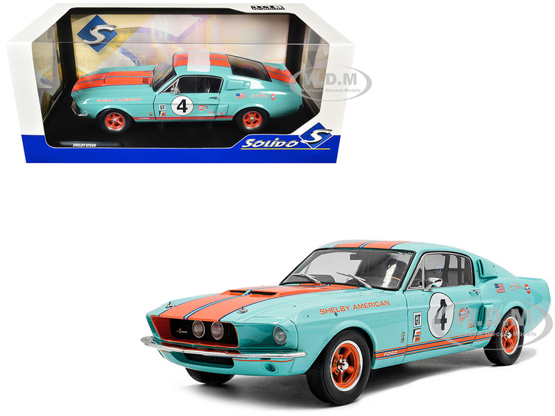 1967 Shelby GT500 #4 Gulf Racing Tribute Light Blue with Orange Stripes 1/18 Diecast Model Car Solido S1802911