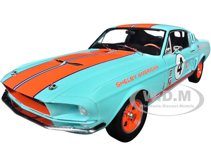 1967 Shelby GT500 #4 Gulf Racing Tribute Light Blue with Orange Stripes 1/18 Diecast Model Car Solido S1802911