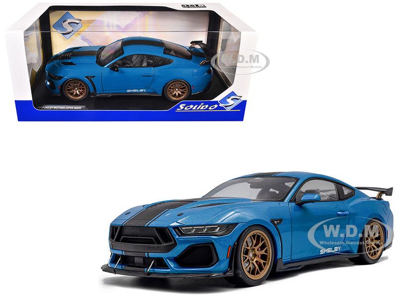2024 Ford Shelby Mustang Super Snake Grabber Blue Metallic with Black Stripes 1/18 Diecast Model Car Solido S1813802