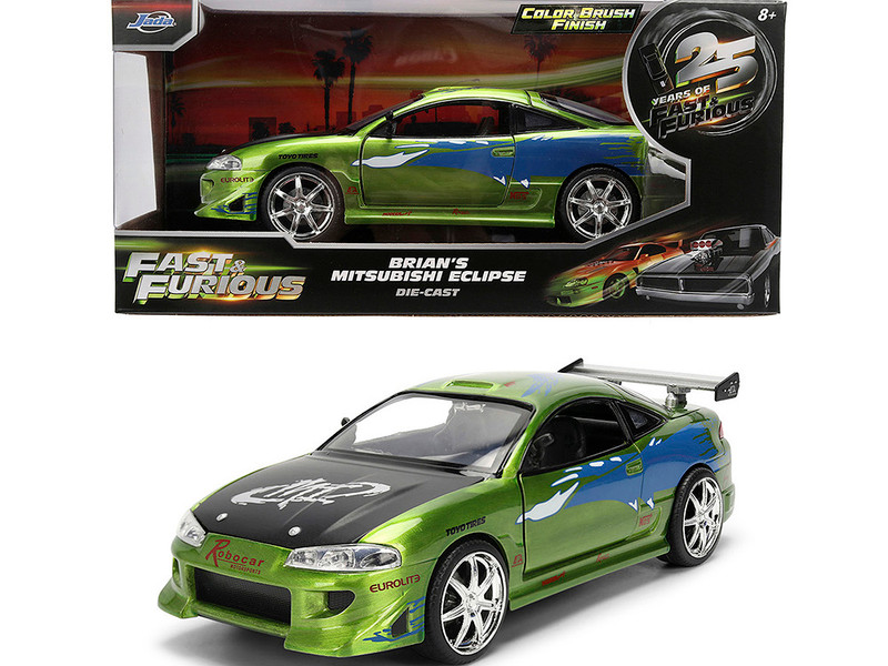 Brian's Mitsubishi Eclipse Green Color Brush Finish with Graphics The Fast and the Furious 2001 Movie Fast & Furious Series 1/24 Diecast Model Car Jada 36817