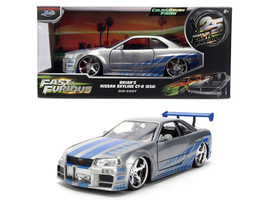 Brian s Nissan Skyline GT R R34 RHD Right Hand Drive Silver Color Brush Finish with Blue Stripes 2 Fast 2 Furious 2003 Movie Fast & Furious Series 1/24 Diecast Model Car Jada 36818