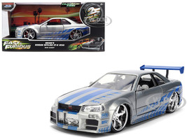 Brian s Nissan Skyline GT R R34 RHD Right Hand Drive Silver Color Brush Finish with Blue Stripes 2 Fast 2 Furious 2003 Movie Fast & Furious Series 1/24 Diecast Model Car Jada 36818