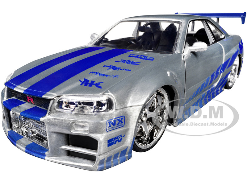 Brian s Nissan Skyline GT R R34 RHD Right Hand Drive Silver Color Brush Finish with Blue Stripes 2 Fast 2 Furious 2003 Movie Fast & Furious Series 1/24 Diecast Model Car Jada 36818
