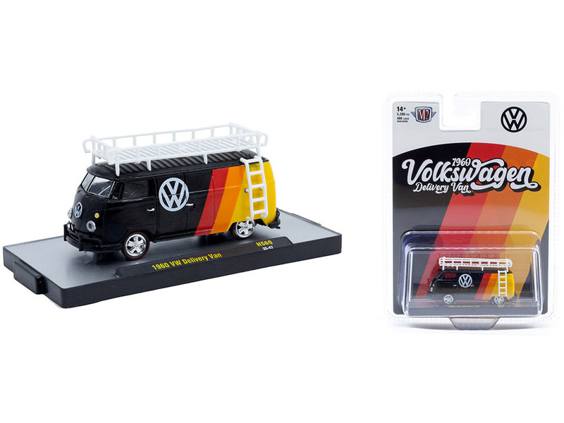 1960 Volkswagen Delivery Van Black with Stripes and White Roof Rack Limited Edition to 5280 pieces Worldwide 1/64 Diecast Model Car M2 Machines 31500-HS69