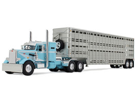 Peterbilt 351 with 36 Vintage Sleeper and 45 Wilson Vintage Livestock Trailer Light Blue with White Stripes 1/64 Diecast Model DCP/First Gear 60-1816