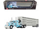 Peterbilt 351 with 36 Vintage Sleeper and 45 Wilson Vintage Livestock Trailer Light Blue with White Stripes 1/64 Diecast Model DCP/First Gear 60-1816