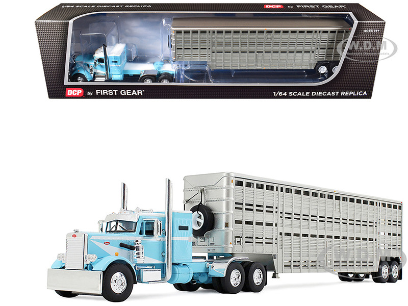 Peterbilt 351 with 36 Vintage Sleeper and 45 Wilson Vintage Livestock Trailer Light Blue with White Stripes 1/64 Diecast Model DCP/First Gear 60-1816