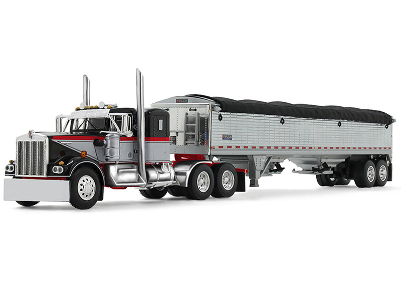 Kenworth W900A with 36 Sleeper and 43 Wilson Pacesetter Grain Trailer Black and Gray with Viper Red Stripes 1/64 Diecast Model DCP/First Gear 60-2137