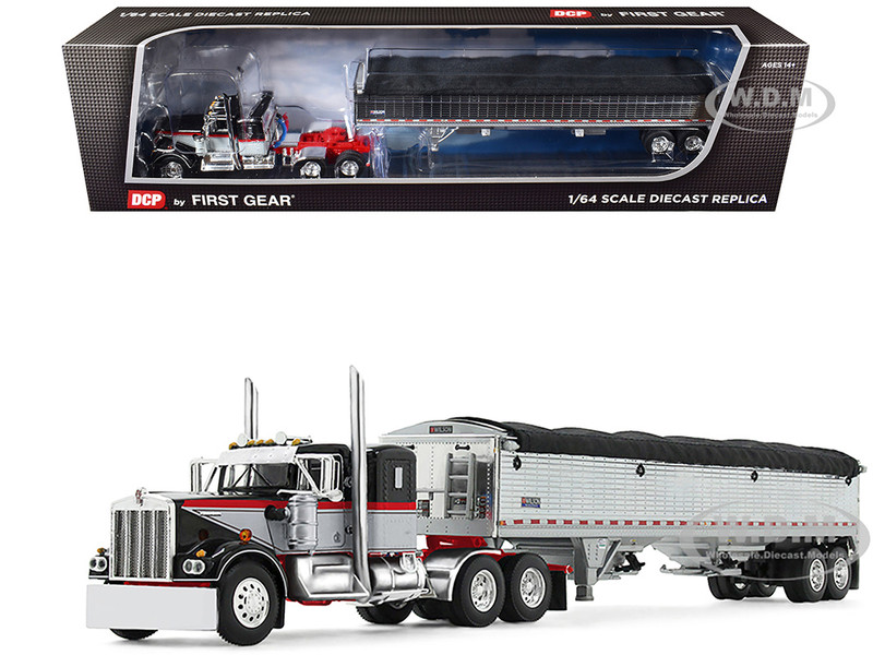 Kenworth W900A with 36 Sleeper and 43 Wilson Pacesetter Grain Trailer Black and Gray with Viper Red Stripes 1/64 Diecast Model DCP/First Gear 60-2137