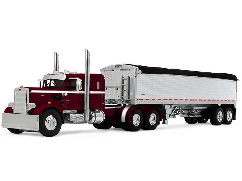 Peterbilt 351 with 36 Sleeper and 34 Wilson Pacesetter Grain Trailer Dark Cherry with White Stripes 1/64 Diecast Model DCP/First Gear 60-2218