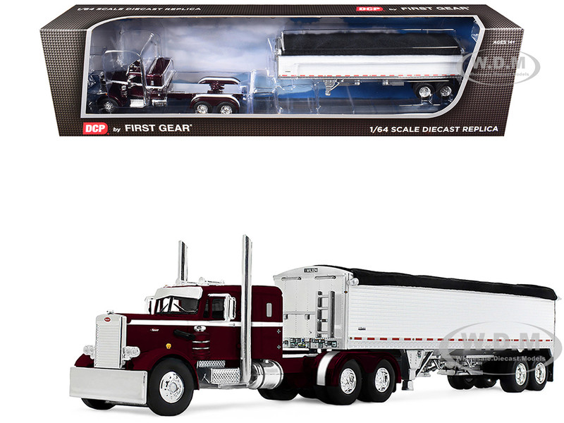 Peterbilt 351 with 36 Sleeper and 34 Wilson Pacesetter Grain Trailer Dark Cherry with White Stripes 1/64 Diecast Model DCP/First Gear 60-2218