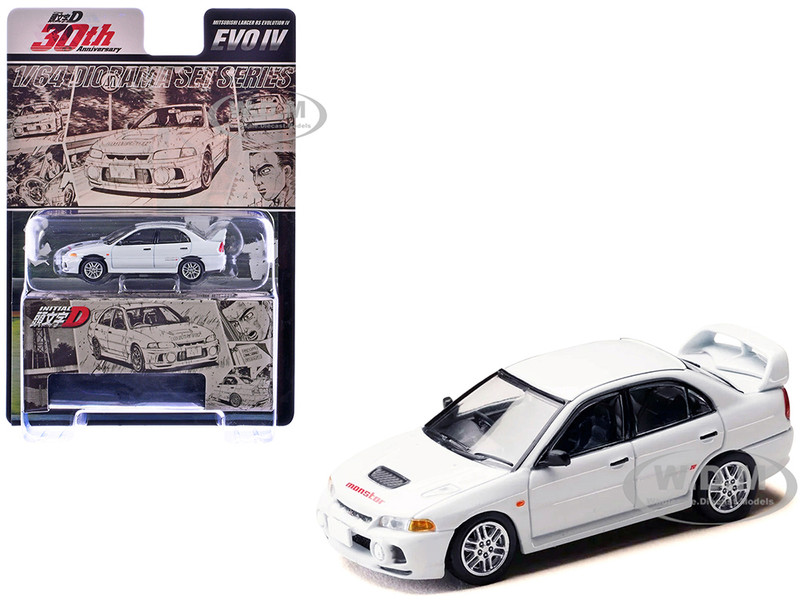 Mitsubishi Lancer RS Evolution IV RHD Right Hand Drive MonStar White Initial D 1995 2013 Manga Diorama Set Series 1/64 Diecast Model Car Hobby Japan HJDMD005