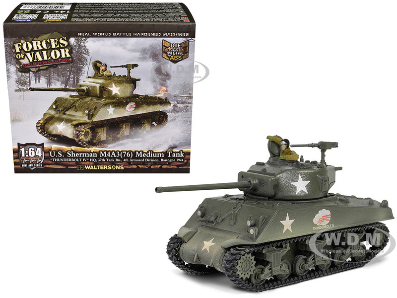 U.S. Sherman M4A3 76 Medium Tank THUNDERBOLT IV 37th Tank Battalion 4th Armored Division Bastogne 1944 United States Army Mini AFV Series 1/64 Diecast Model Forces of Valor FOV-805101