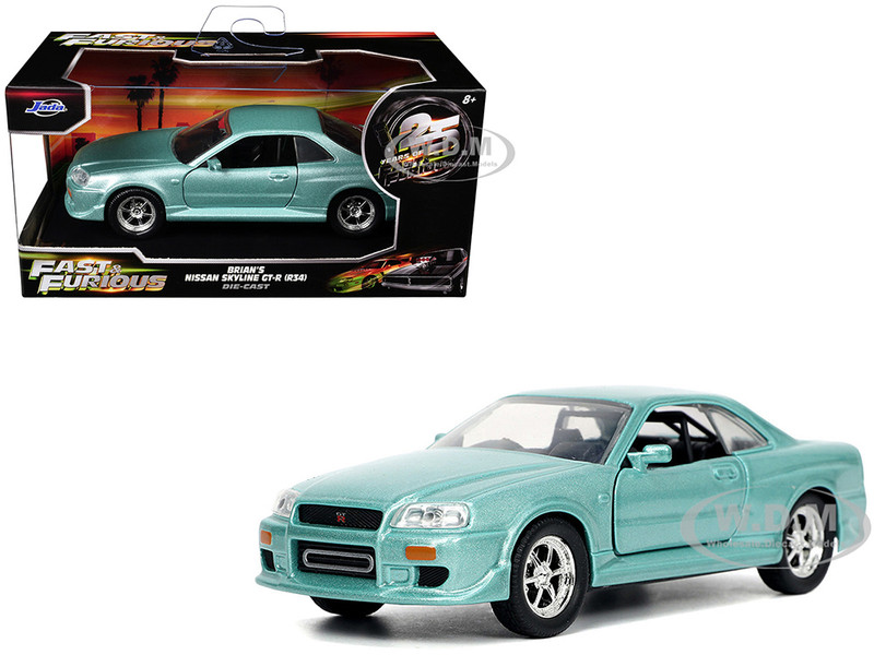 Brian s Nissan Skyline GT R BNR34 RHD Right Hand Drive Turquoise Metallic Fast & Furious Movie 1/32 Diecast Model Car Jada 32586