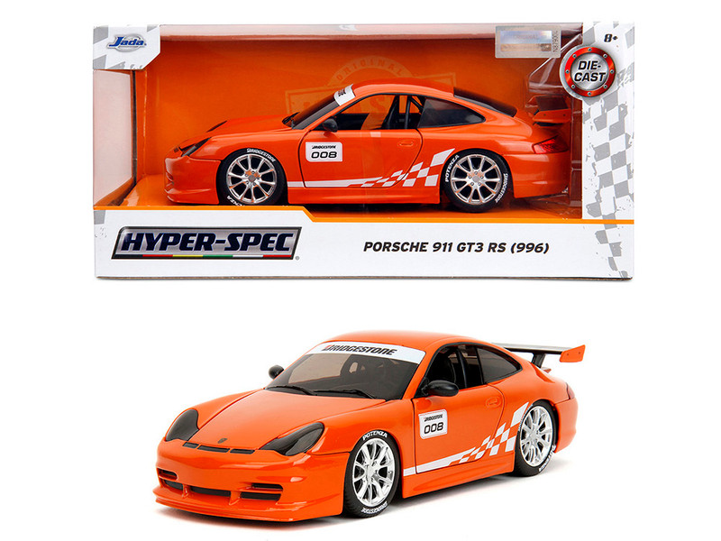 Porsche 911 GT3 RS 996 #008 Bridgestone Orange Metallic with White Graphics Hyper Spec Series 1/24 Diecast Model Car Jada 35138