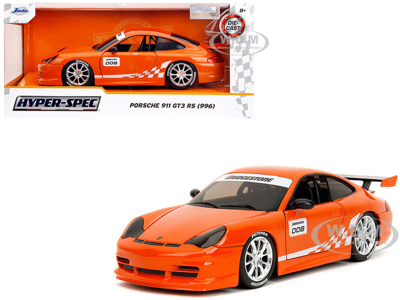 Porsche 911 GT3 RS 996 #008 Bridgestone Orange Metallic with White Graphics Hyper Spec Series 1/24 Diecast Model Car Jada 35138