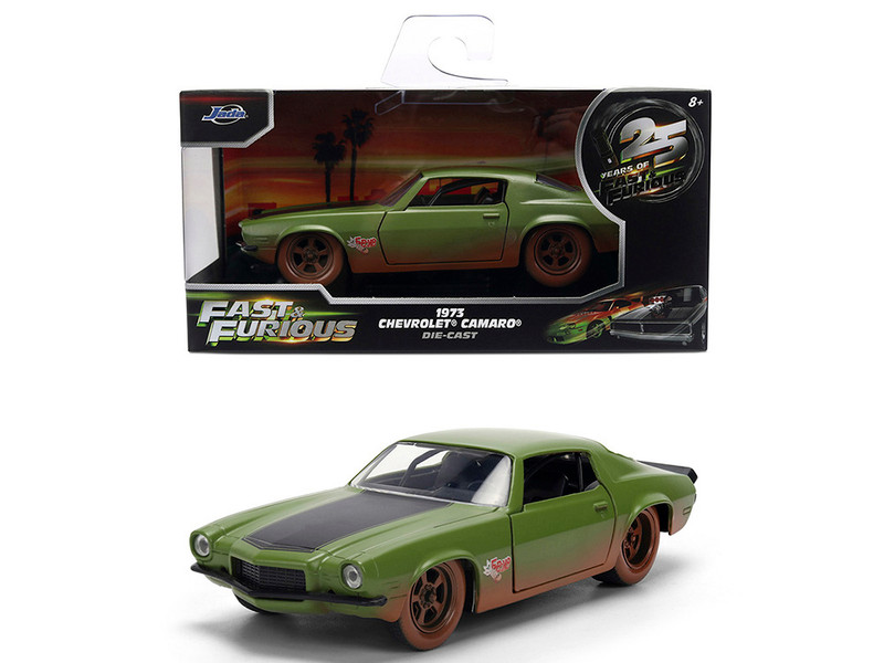 Dom s 1973 Chevrolet Camaro F Bomb Matt Green Dirty Version with Black Hood Stripe Fast & Furious 2009 Movie Fast & Furious 25 Years Series 1/32 Diecast Model Car Jada 36393