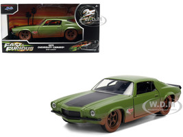 Dom s 1973 Chevrolet Camaro F Bomb Matt Green Dirty Version with Black Hood Stripe Fast & Furious 2009 Movie Fast & Furious 25 Years Series 1/32 Diecast Model Car Jada 36393