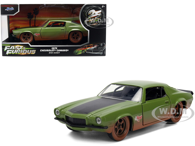 Dom s 1973 Chevrolet Camaro F Bomb Matt Green Dirty Version with Black Hood Stripe Fast & Furious 2009 Movie Fast & Furious 25 Years Series 1/32 Diecast Model Car Jada 36393