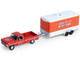 1969 Ford F 250 Pickup Truck Red and 1969 Chevrolet Camaro Z28 Dan Fletcher Orange with White Hood NHRA Safety Team with Enclosed Car Trailer Racing Hitch & Tow Series 6 1/64 Diecast Model Cars Greenlight 31190A
