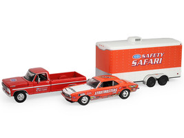 1969 Ford F 250 Pickup Truck Red and 1969 Chevrolet Camaro Z28 Dan Fletcher Orange with White Hood NHRA Safety Team with Enclosed Car Trailer Racing Hitch & Tow Series 6 1/64 Diecast Model Cars Greenlight 31190A
