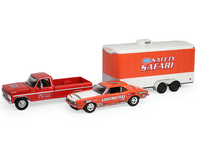 1969 Ford F 250 Pickup Truck Red and 1969 Chevrolet Camaro Z28 Dan Fletcher Orange with White Hood NHRA Safety Team with Enclosed Car Trailer Racing Hitch & Tow Series 6 1/64 Diecast Model Cars Greenlight 31190A
