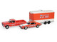 1969 Ford F 250 Pickup Truck Red and 1969 Chevrolet Camaro Z28 Dan Fletcher Orange with White Hood NHRA Safety Team with Enclosed Car Trailer Racing Hitch & Tow Series 6 1/64 Diecast Model Cars Greenlight 31190A