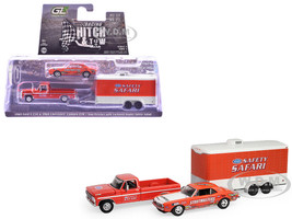1969 Ford F 250 Pickup Truck Red and 1969 Chevrolet Camaro Z28 Dan Fletcher Orange with White Hood NHRA Safety Team with Enclosed Car Trailer Racing Hitch & Tow Series 6 1/64 Diecast Model Cars Greenlight 31190A