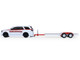 2018 Dodge Durango White with Red Stripes and 2021 Dodge Challenger SRT White with Red Stripes Ramchargers with Flatbed Trailer Racing Hitch & Tow Series 6 1/64 Diecast Model Cars Greenlight 31190B