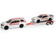 2018 Dodge Durango White with Red Stripes and 2021 Dodge Challenger SRT White with Red Stripes Ramchargers with Flatbed Trailer Racing Hitch & Tow Series 6 1/64 Diecast Model Cars Greenlight 31190B