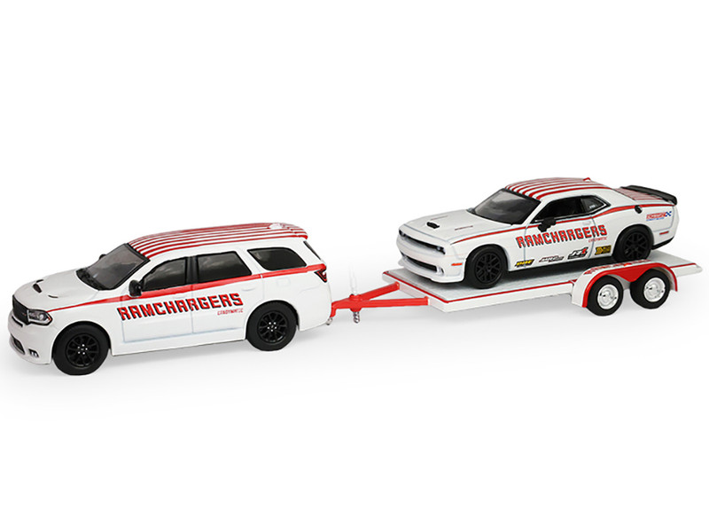 2018 Dodge Durango White with Red Stripes and 2021 Dodge Challenger SRT White with Red Stripes Ramchargers with Flatbed Trailer Racing Hitch & Tow Series 6 1/64 Diecast Model Cars Greenlight 31190B