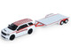2018 Dodge Durango White with Red Stripes and 2021 Dodge Challenger SRT White with Red Stripes Ramchargers with Flatbed Trailer Racing Hitch & Tow Series 6 1/64 Diecast Model Cars Greenlight 31190B