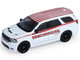 2018 Dodge Durango White with Red Stripes and 2021 Dodge Challenger SRT White with Red Stripes Ramchargers with Flatbed Trailer Racing Hitch & Tow Series 6 1/64 Diecast Model Cars Greenlight 31190B
