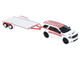 2018 Dodge Durango White with Red Stripes and 2021 Dodge Challenger SRT White with Red Stripes Ramchargers with Flatbed Trailer Racing Hitch & Tow Series 6 1/64 Diecast Model Cars Greenlight 31190B
