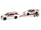 2018 Dodge Durango White with Red Stripes and 2021 Dodge Challenger SRT White with Red Stripes Ramchargers with Flatbed Trailer Racing Hitch & Tow Series 6 1/64 Diecast Model Cars Greenlight 31190B