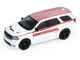 2018 Dodge Durango White with Red Stripes and 2021 Dodge Challenger SRT White with Red Stripes Ramchargers with Flatbed Trailer Racing Hitch & Tow Series 6 1/64 Diecast Model Cars Greenlight 31190B
