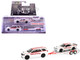 2018 Dodge Durango White with Red Stripes and 2021 Dodge Challenger SRT White with Red Stripes Ramchargers with Flatbed Trailer Racing Hitch & Tow Series 6 1/64 Diecast Model Cars Greenlight 31190B