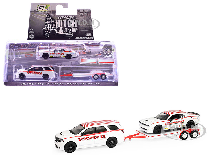 2018 Dodge Durango White with Red Stripes and 2021 Dodge Challenger SRT White with Red Stripes Ramchargers with Flatbed Trailer Racing Hitch & Tow Series 6 1/64 Diecast Model Cars Greenlight 31190B
