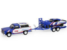 1986 Chevrolet K5 Blazer Blue and White and 1969 Chevrolet Camaro #5 Blue and White Kyle Larson Hendrick Motorsports with Tandem Car Trailer Racing Hitch & Tow Series 6 1/64 Diecast Model Cars Greenlight 31190C