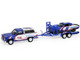 1986 Chevrolet K5 Blazer Blue and White and 1969 Chevrolet Camaro #5 Blue and White Kyle Larson Hendrick Motorsports with Tandem Car Trailer Racing Hitch & Tow Series 6 1/64 Diecast Model Cars Greenlight 31190C