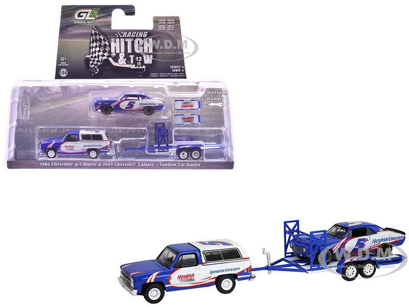 1986 Chevrolet K5 Blazer Blue and White and 1969 Chevrolet Camaro #5 Blue and White Kyle Larson Hendrick Motorsports with Tandem Car Trailer Racing Hitch & Tow Series 6 1/64 Diecast Model Cars Greenlight 31190C