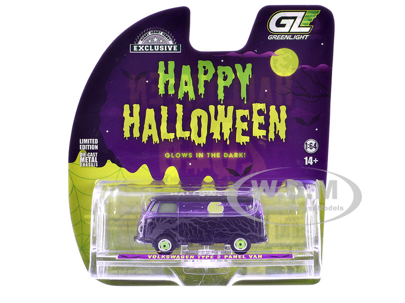 Volkswagen Type 2 Panel Van Halloween 2025 Spooky Night Black and Purple with Glow in the Dark Paint Hobby Exclusive Series 1/64 Diecast Model Car Greenlight GL30556