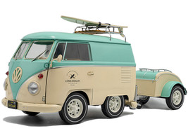 2024 Volkswagen Cool Combi Van with Trailer Long Beach Surfing Club Mint Green and Cream with Roof Rack and Surfboard 1/18 Diecast Model Car Solido S1810905