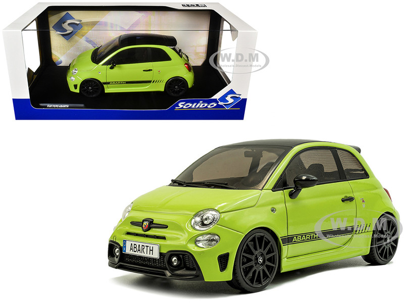 2023 Fiat F595 Abarth Verde Adrenalina Green with Black Top and Stripes 1/18 Diecast Model Car Solido S1811307