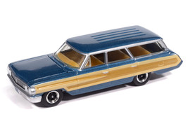 1964 Ford Country Squire Guardsman Blue Metallic with Woodgrain Sides Muscle Wagons Series 1/64 Diecast Model Car Auto World 64522-AWSP205A