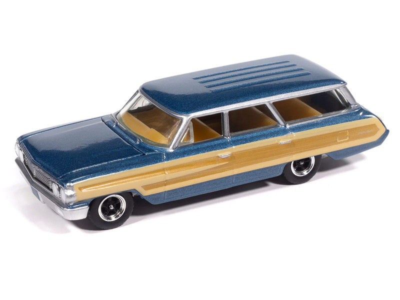 1964 Ford Country Squire Guardsman Blue Metallic with Woodgrain Sides Muscle Wagons Series 1/64 Diecast Model Car Auto World 64522-AWSP205A
